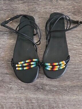 Beaded Lace-Up Flat Sandals – Women's Size 7.5